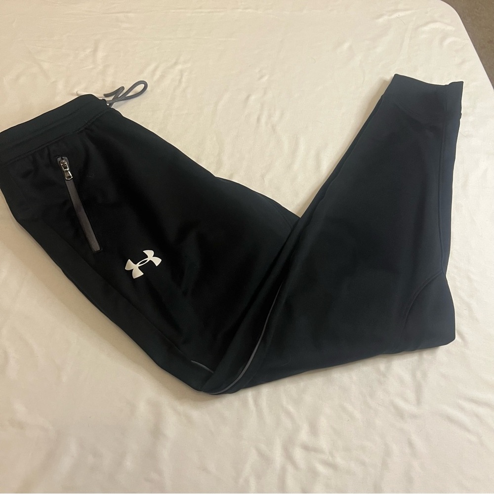 Under Armour Youth XL Black Loose Fit Athletic Tapered Track Pants Zip Pocket
